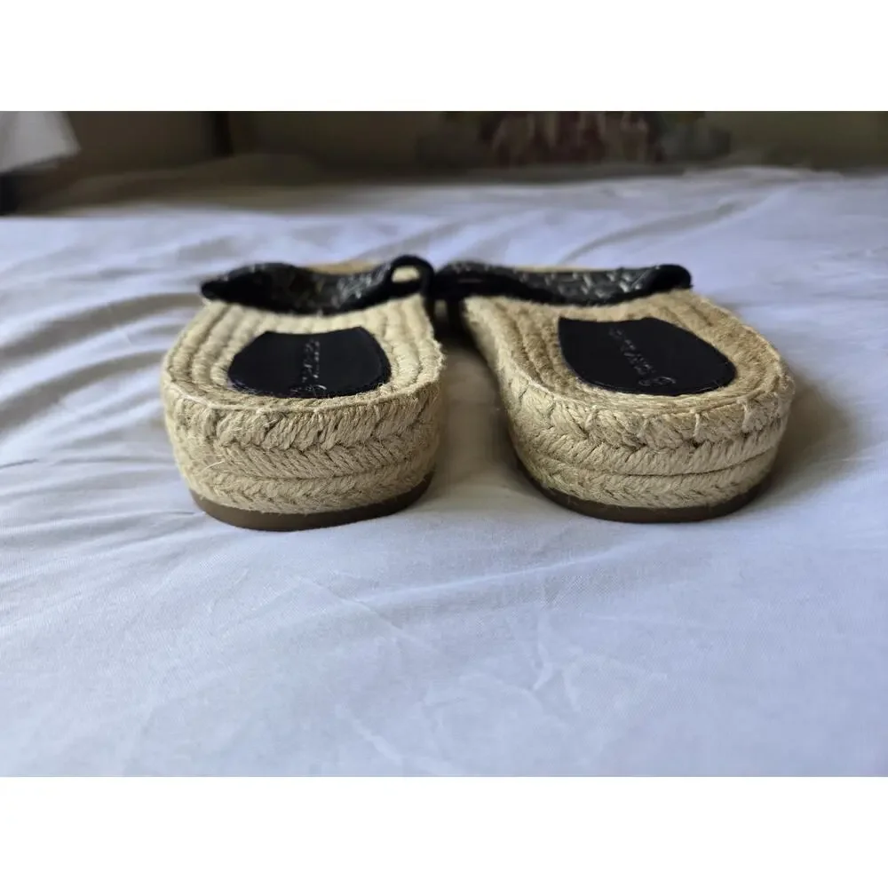 TORY BURCH Sandals Black Ribbon Espadrille Slides Womens 7.5 Coastal Hamptons